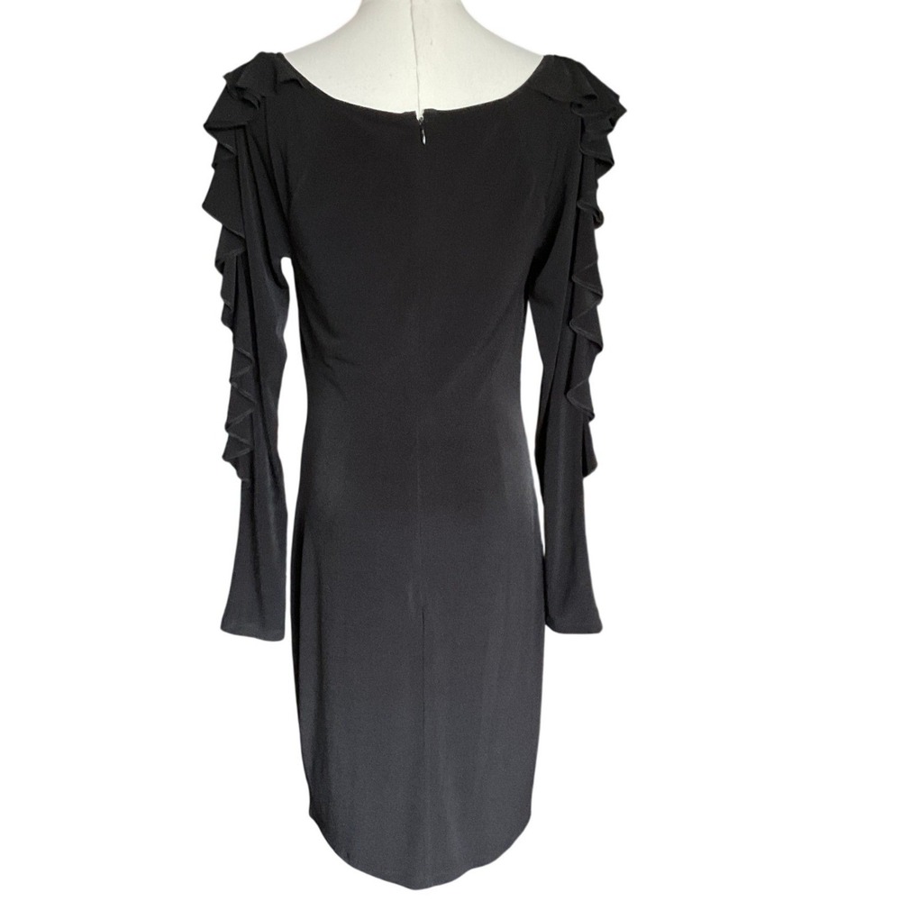 Bebe Black Ruffle Long Sleeve Boat Neck Sheath Cocktail Dress Small Y2K - Picture 3 of 13